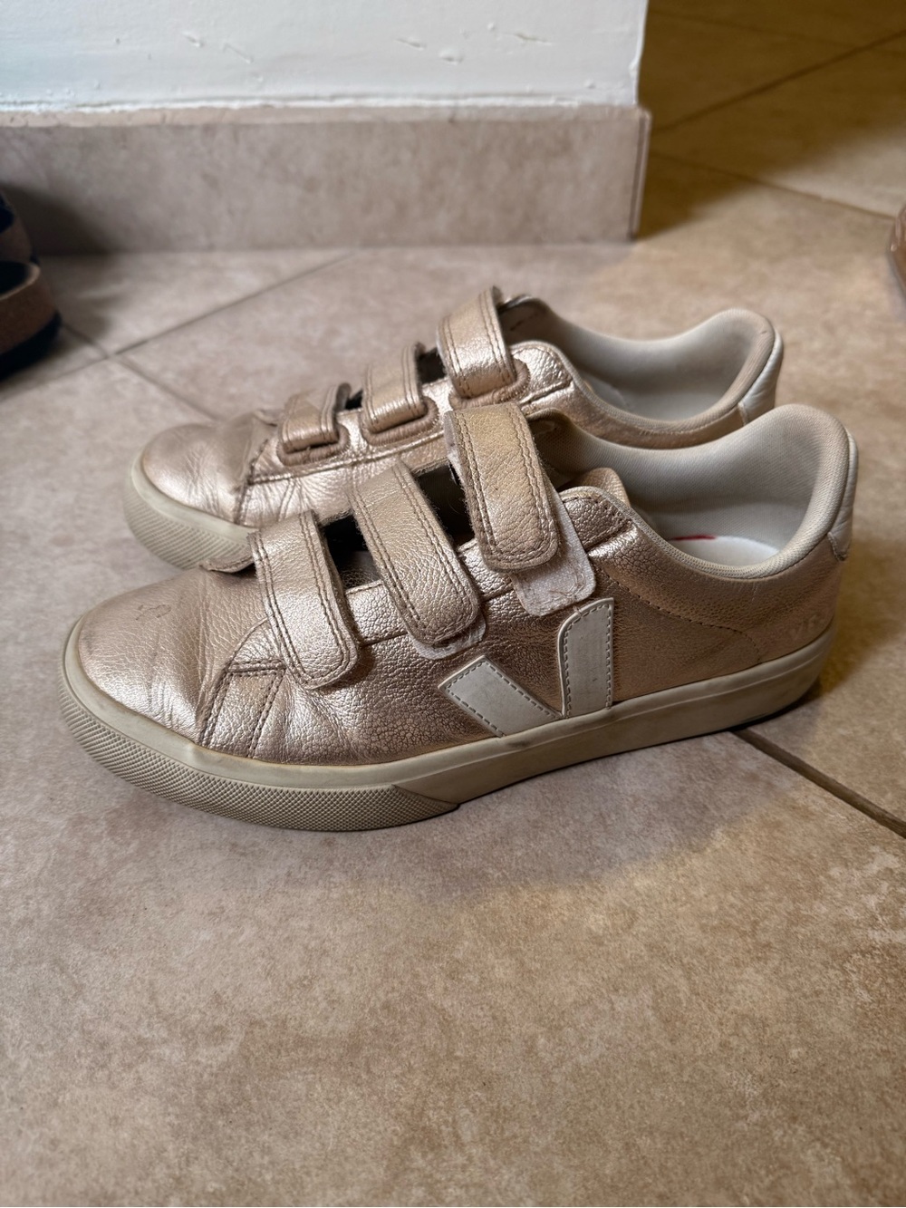 Veja 
Metallic Rose Gold Velcro Sneakers